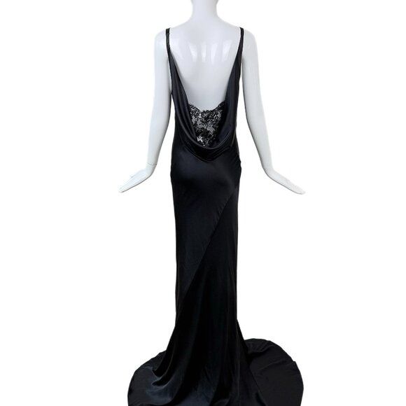 LES HABITUDES 2016 Black Liquid Silk Cowl Evening Gown Lace Maxi Dress - Picture 9 of 9